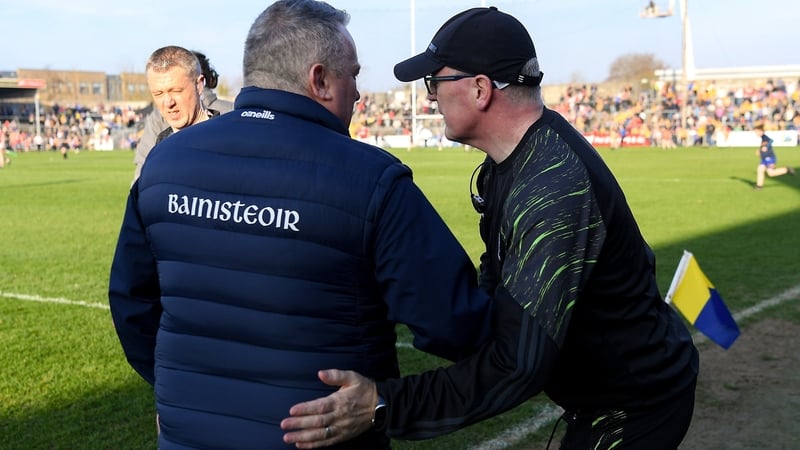 Managers Pat Ryan of Cork (L) and Brian Lohan of Clare after their sides' meeting in Ennis
