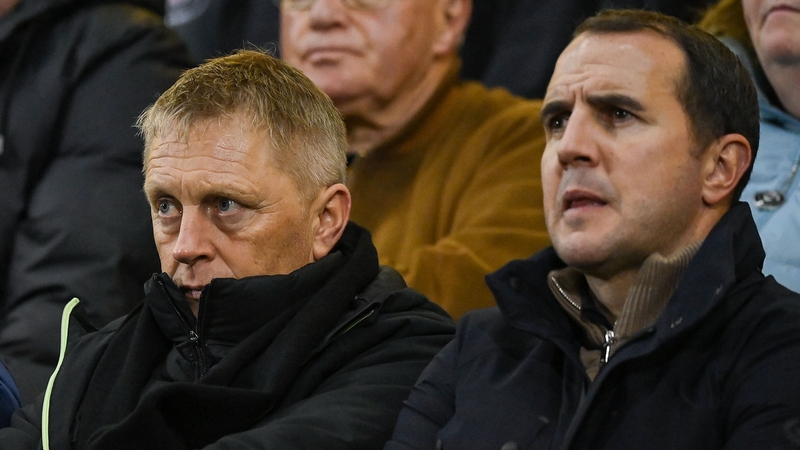 Heimir Hallgrimsson and assistant coach John O'Shea at Dalymount Park during last year's FAI Cup semi-final between Bohemians and Derry City
