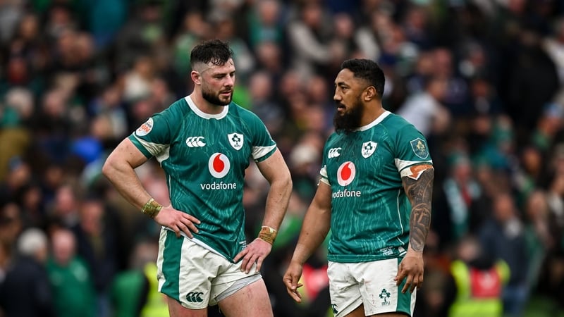 Robbie Henshaw, left, and Bundee Aki react after the Six Nations defeat to France