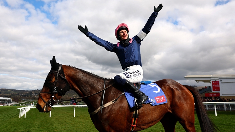 Paul Townend riding Kopek Des Bordes celebrates after winning the Michael O'Sullivan Supreme Novices' Hurdle