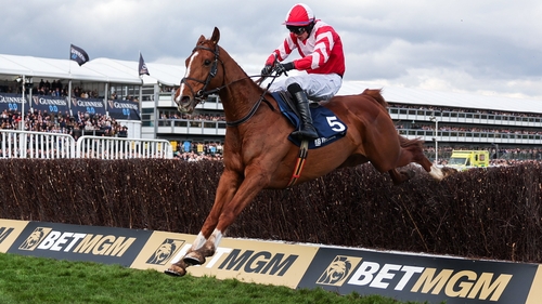 Lecky Watson, with Sean O'Keeffe up, jumps the last on their way to winning The Brown Advisory Novices' Steeple Chase