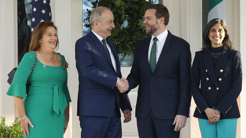 US Vice President JD Vance and his wife Usha welcome Taoiseach Micheál Martin and his wife Mary to the vice president's residence