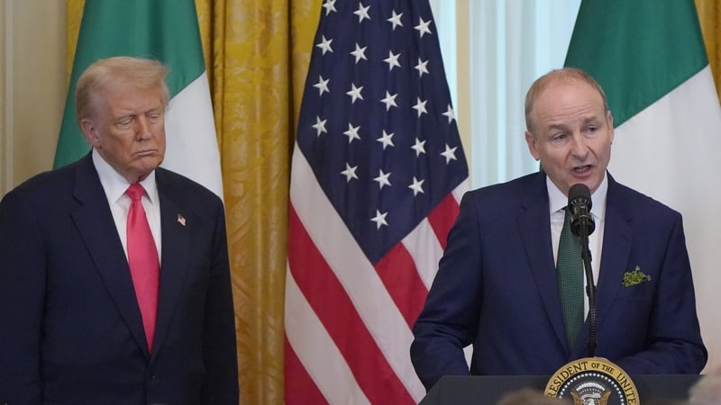 Donald Trump listens as Micheál Martin speaks ahead of the shamrock ceremony at the White House