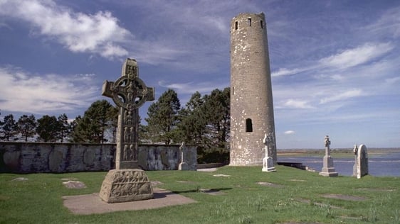 Ruins of the ecclesiastical site at Clonmacnoise in County Offaly, 1985.