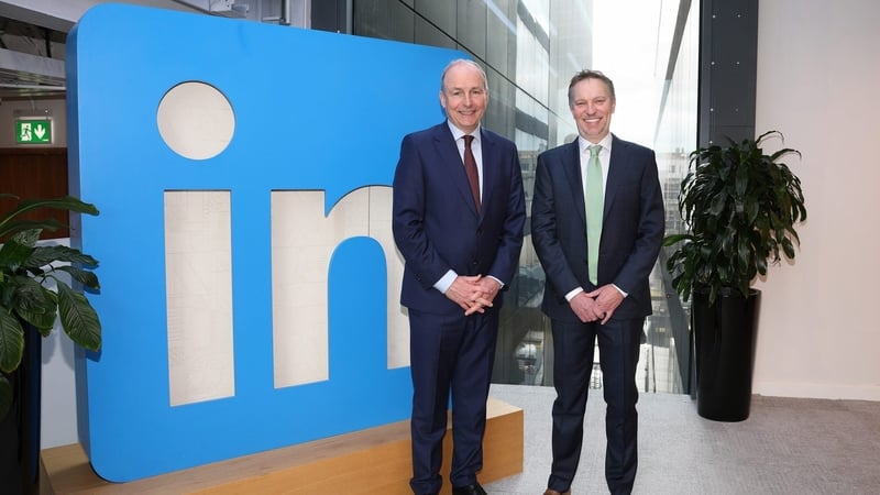 Taoiseach Micheál Martin and LinkedIn CEO Ryan Roslansky at the company's new Wilton Park offices