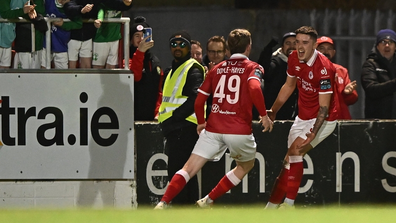 Reece Hutchinson celebrates his goal against Shamrock Rovers