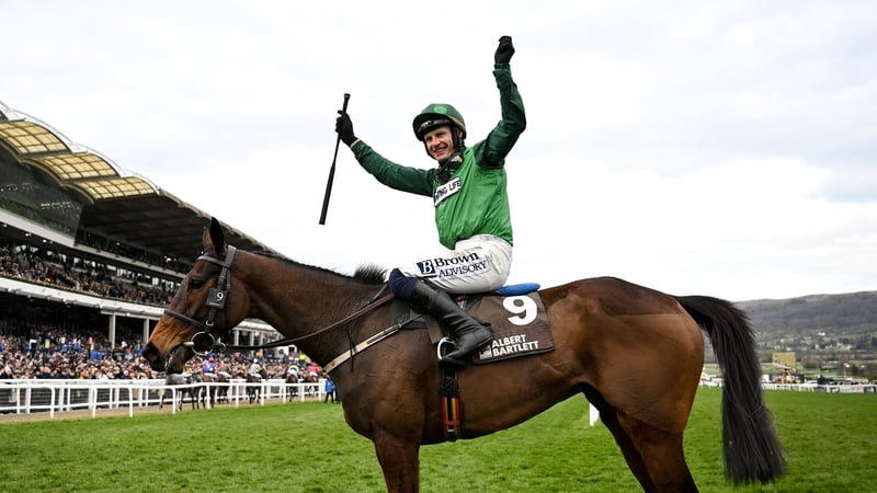 Paul Townend, aboard Jasmin De Vaux, celebrates after the win