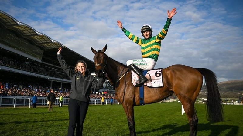 Jockey Mark Walsh celebrates aboard Inothewayurthinkin, with groom Caoimhe O'Brien