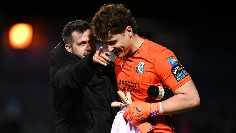 Shamrock Rovers goalkeeper Ed McGinty celebrates with manager Stephen Bradley