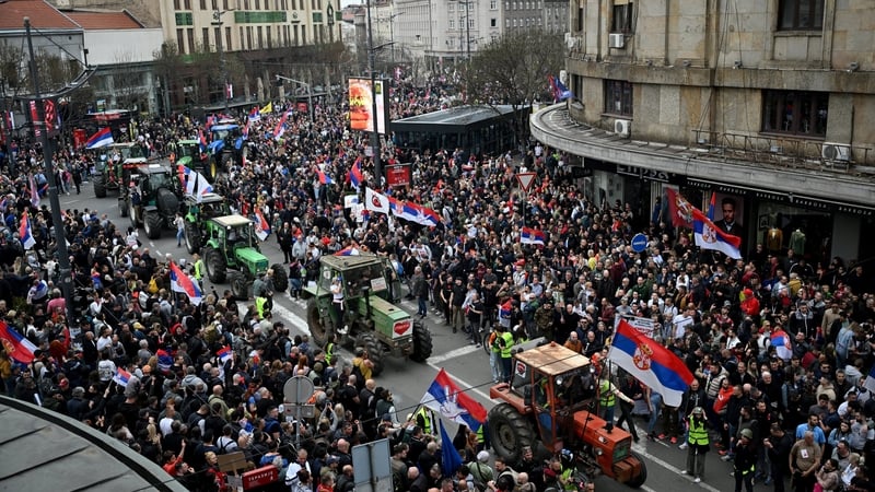 Farmers join protesters as they arrive in Belgrade from cities across Serbia, to take part in the largest protest since the movement began