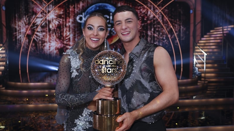 Laura and Rhys with the Glitterball trophy
