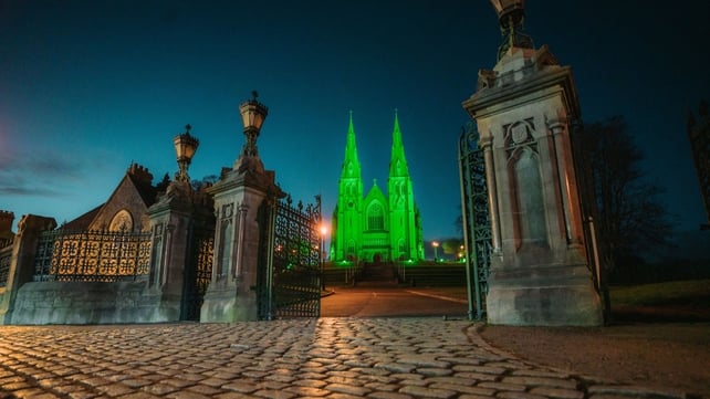 St Patrick's Church of Ireland Cathedral in Armagh, glowing green in celebration of St Patrick's Day