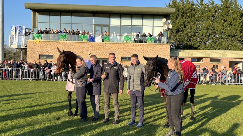Inothewayurthinkin (L) was paraded at Skryne GAA club alongside his fellow Cheltenham winner stablemate Stumptown