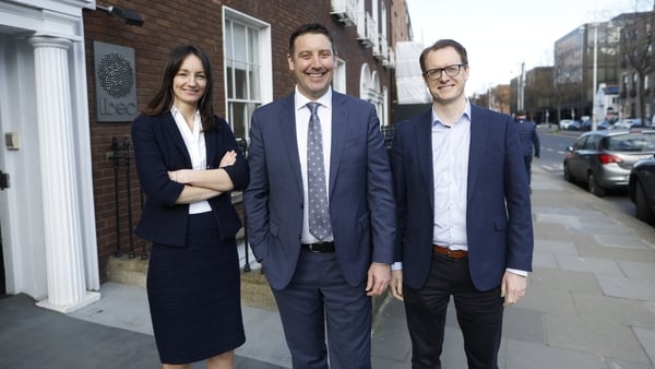 Financial Services Ireland (FSI) acting director Audrey Crummy, new FSI chair Declan Bolger and outgoing FSI chair Joe Heneghan