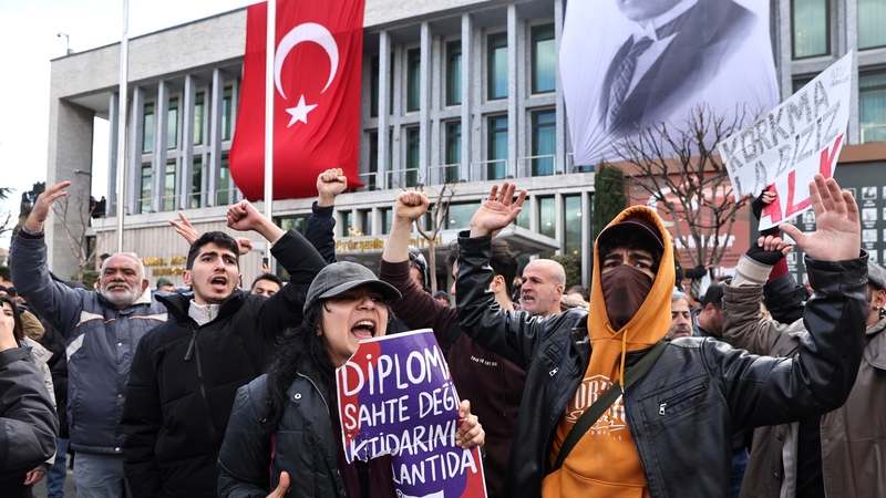 Protesters outside Istanbul's municipality headquarters calling for the release of Mayor Imamoglu