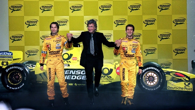 The launch of the 2000 Jordan EJ10 with drivers Heinz-Harald Frentzen (L) of Germany and Jarno Trulli of Italy