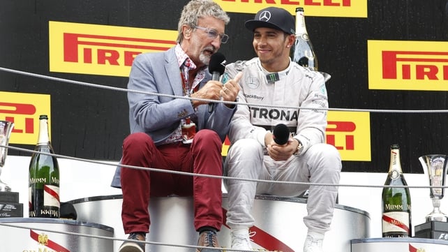 Eddie Jordan interviews Lewis Hamilton after the Mercedes driver has won the Spanish GP