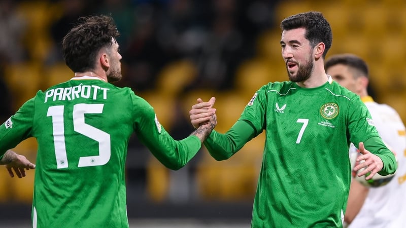 Troy Parrott (L) congratulates Finn Azaz on his goal