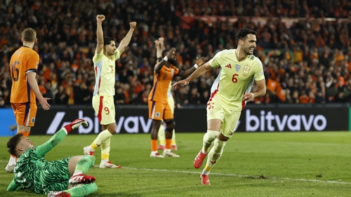 Mikel Merino (R) wheels away in celebration
