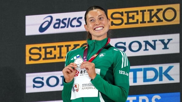 Ireland's Kate O'Connor shows off her silver medal at the World Indoor Championships in Nanjing, China