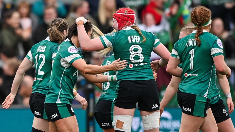 Aoife Wafer celebrates one of her two tries on Saturday