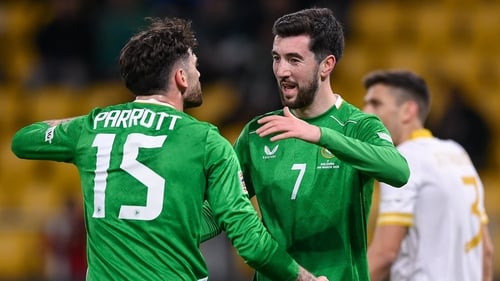 Finn Azaz, right, celebrates with Troy Parrott after they combined for the equaliser against Bulgaria on Thursday