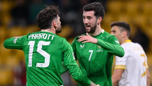 Finn Azaz, right, celebrates with Troy Parrott after they combined for the equaliser against Bulgaria on Thursday