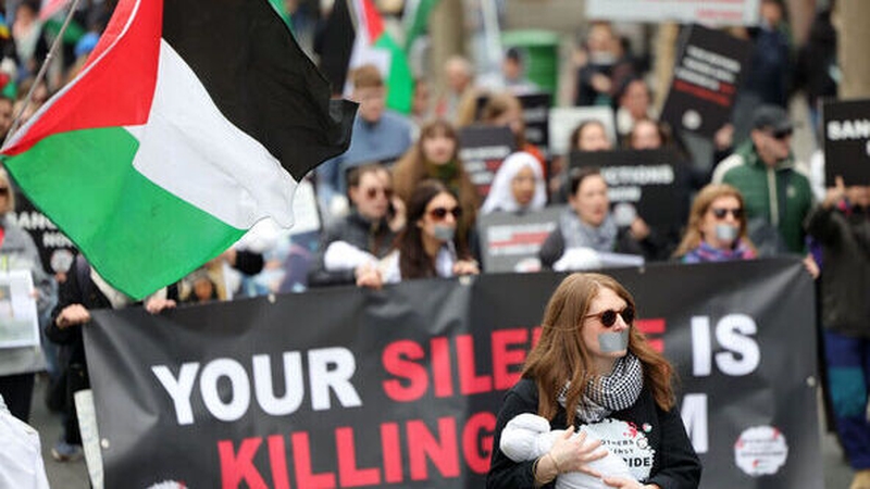 Demonstrators, some wearing keffiyehs and waving banners and Palestinian flags, stopped for a series of speeches outside Leinster House (Credit: RollingNews.ie)