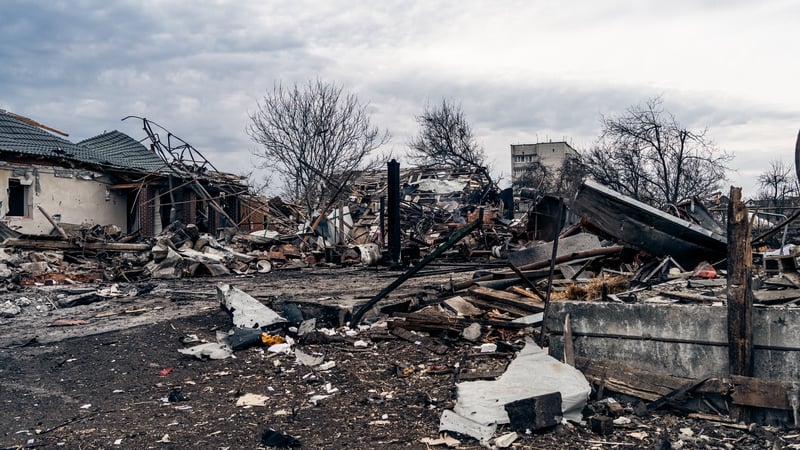 The remains of a house after Russian shelling in Krasnopillia, Sumy Oblast, Ukraine