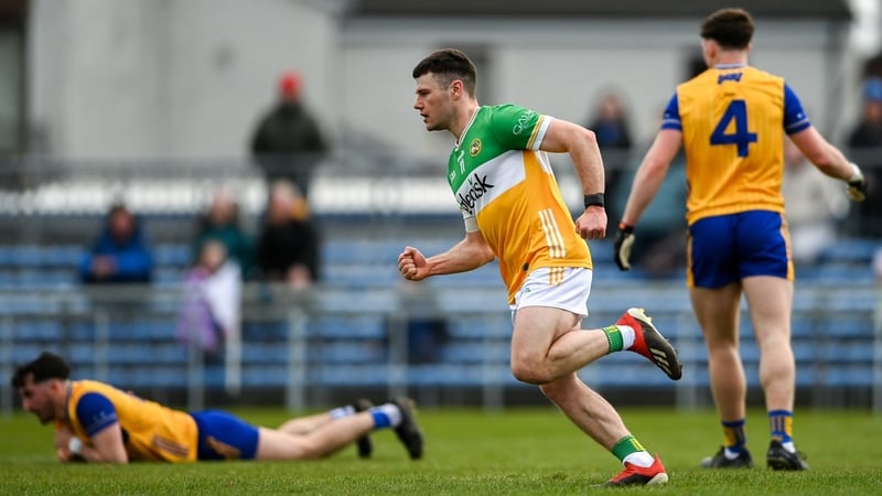 Offaly's Cathal Flynn wheels away after scoring his team's second goal