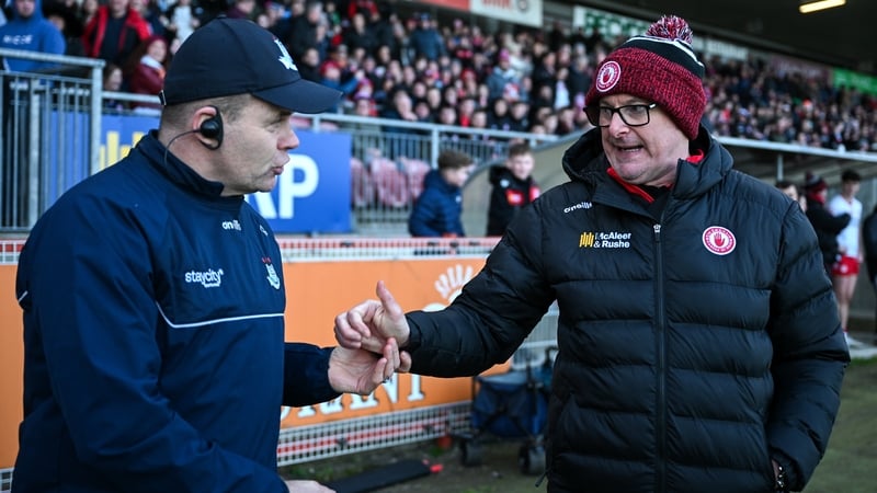 Farrell and Tyrone boss Malachy O'Rourke embrace after the game