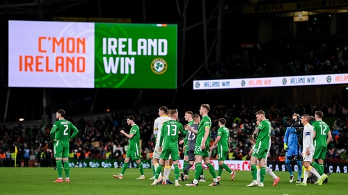 Republic of Ireland players celebrate the second leg win over Bulgaria at Aviva Stadium