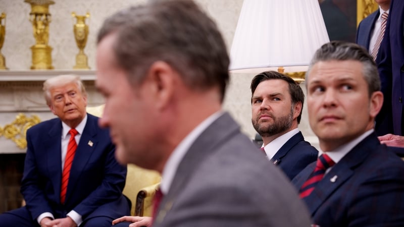 Donald Trump is seen in the Oval Office earlier this month with JD Vance, Pete Hegseth and Michael Waltz