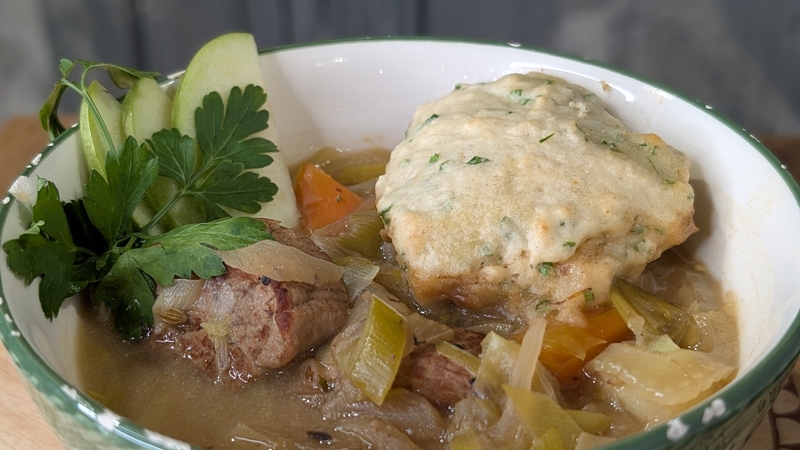 Wade's pork and apple stew with herb dumplings