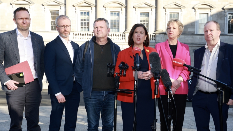 Opposition leaders pictured speaking to reporters on the plinth outside Leinster House after the Dáil was suspended (pic: RollingNews.ie)