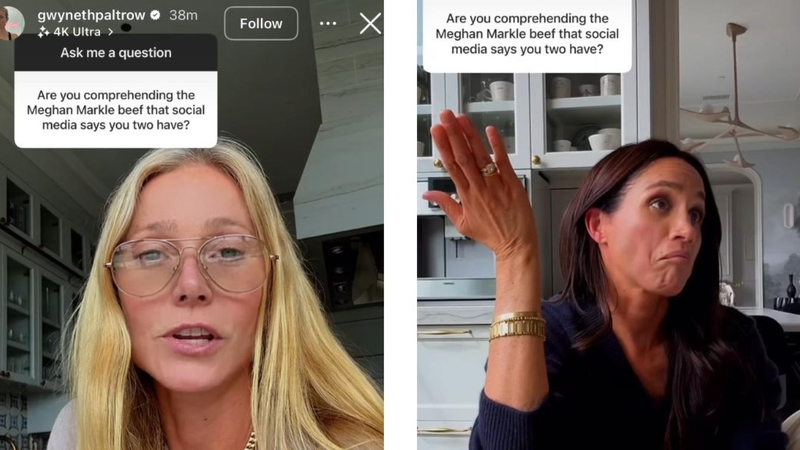 Gwyneth Paltrow and Meghan Markle - The pair are seen in Paltrow's kitchen at her home in Montecito, California, where the Oscar-winning actress was conducting a Q&A session with fans on Instagram Screengrabs: Gwyneth Paltrow, Instagram