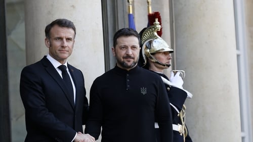 French President Emmanuel Macron meeting with Ukrainian President Volodymyr Zelensky at Élysée Palace in Paris