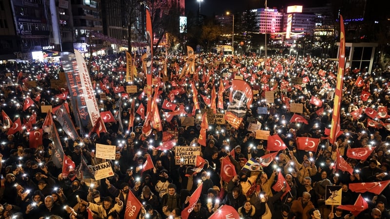 Demonstrators protesting against the arrest of the mayor of Istanbul Ekrem Imamoglu block a boulevard in the Turkish capital Ankara on 22 March