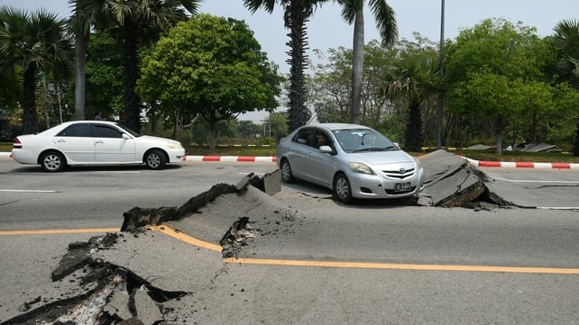 A damaged road in Myanmar's capital, Naypyidaw