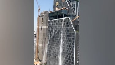 Water cascades from rooftop pool as earthquake felt in Bangkok