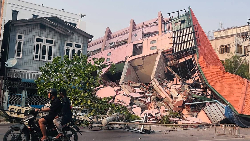 A collapsed building in the city of Mandalay, Myanmar
