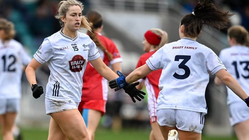 Roisin Byrne and Laoise Lenehan celebrate Kildare's second goal