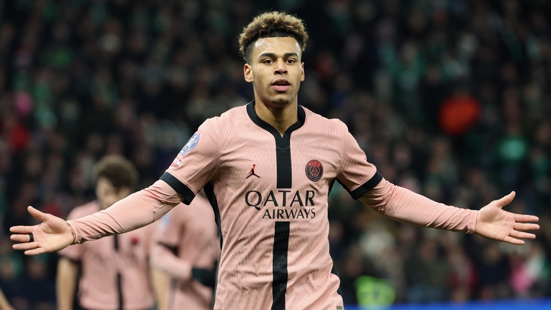 Desire Doue celebrates his second goal at Stade Geoffroy-Guichard