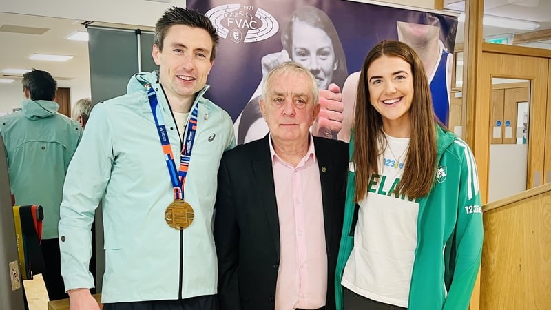 Mark English and Arlene Crossan pictured alongside Finn Valley AC founder and former Irish athletics team coach Patsy McGonagle