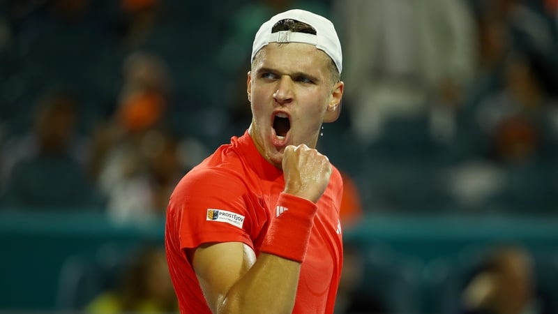 Jakub Mensik celebrates a point against Novak Djokovic in the final of the Miami Open