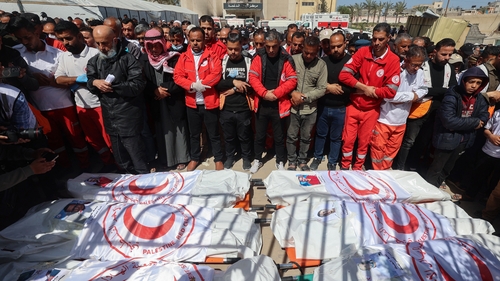 The Palestinian Red Crescent recovered the bodies of 15 rescuers after Israeli forces targeted the ambulances in southern Gaza last month