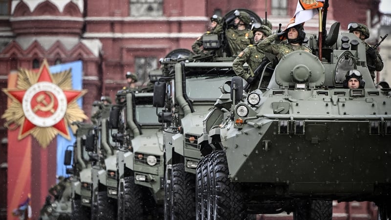 Russian military vehicles move through the Red Square in Moscow during a recent parade