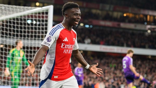 Bukayo Saka celebrates after putting Arsenal 2-0 ahead on his return from injury