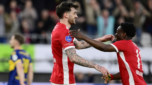 Troy Parrott celebrates his goal with AZ Alkmaar team-mate Ibrahim Sadiq