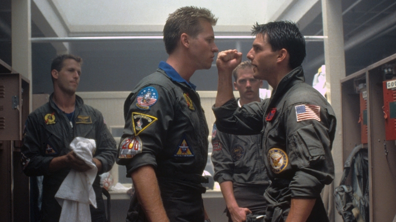 Val Kilmer and Tom Cruise on the set of Top Gun, 1986